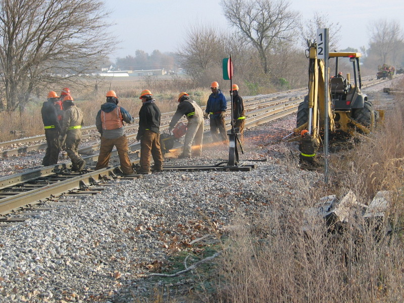 Cutting the rail at the east crossover switch, N. Star, in preparation for installing the new rail, Nov. 10, 2007.